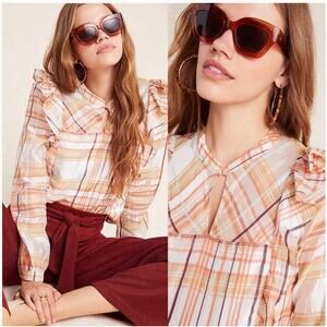 Anthropologie Current Air Polly Ruffle Silk Peasant Plaid Blouse XS Orange Boho